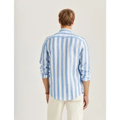 Blå Morris Douglas Linen Stripe Shirt Skjorte