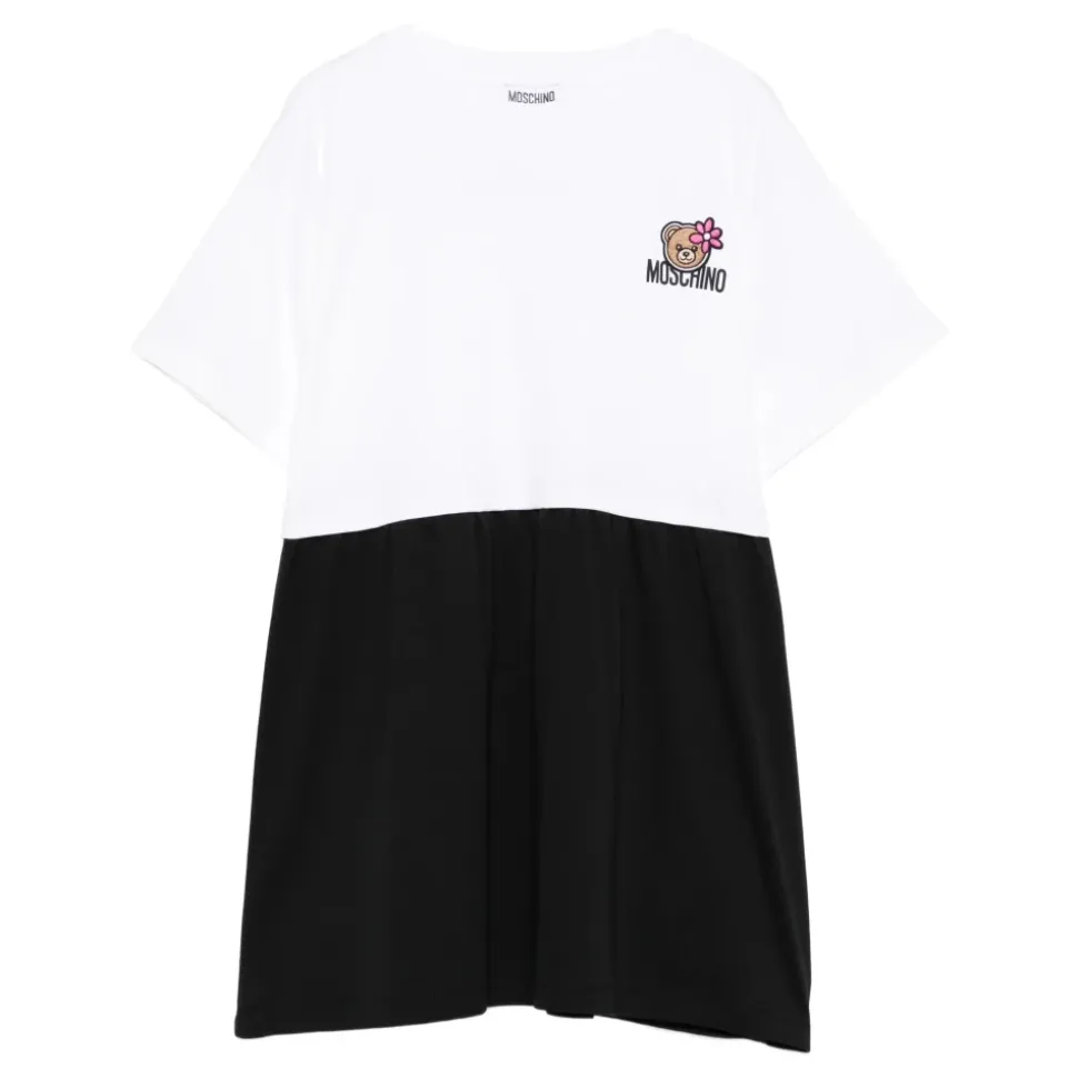 Crewneck Short Sleeve Embroidered Teddy Bear Dress
