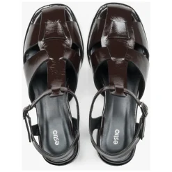 Dame sandaler i mørkebrun patent ekte skinn med lav hæl ER00119574