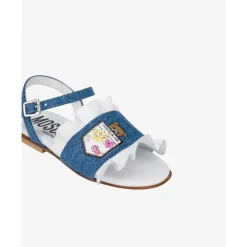 Flate denim sandaler med volanger
