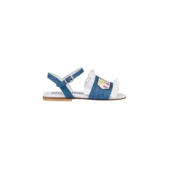 Flate denim sandaler med volanger