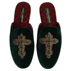 Grønn Velvet Cross Embellished Slippers