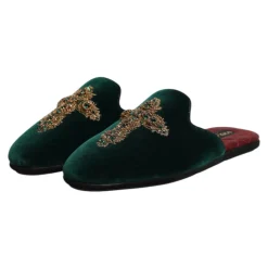Grønn Velvet Cross Embellished Slippers