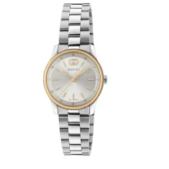 29 mm rustfritt stålkasse, rosa gullbelagt bezel, sølvfarget urskive, rustfritt stål lenke, kvarts bevegelse