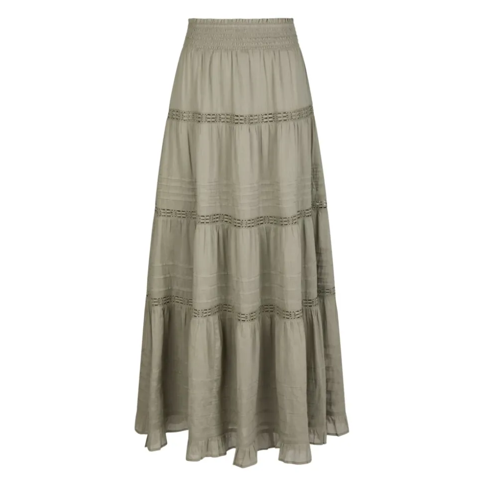 Røykgrønn Voile Maxi Skjørt med Blonde Detaljer