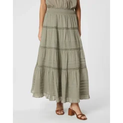 Røykgrønn Voile Maxi Skjørt med Blonde Detaljer