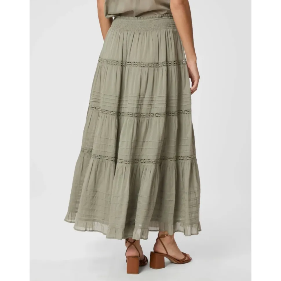 Røykgrønn Voile Maxi Skjørt med Blonde Detaljer