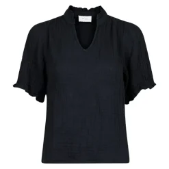 Svart Linbluse med Rysjedetaljer